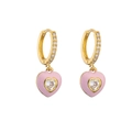 Close-up of gold hoop earrings featuring pink enamel hearts and sparkling white zirconias - Pink Heart