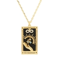 Detail showing The Magician tarot card pendant with gold plating and blue crystals - Magician