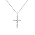 Macro shot of micro-paved marquise zircon cross pendant on a silver link chain - Platinum White Zirconia