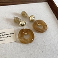 Chic brown acrylic resin earrings featuring golden metal balls and round pendants - Silver Earring Post - Light Coffee