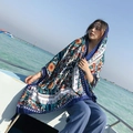 Ethnic style beach shawl with vibrant geometric patterns in blue, white and orange - Navy Ripple
