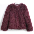 Detail of burgundy faux fur coat showing soft plush texture and round neckline - Burgundy