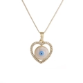 Golden heart-shaped necklace with cubic zirconia and a blue evil eye pendant detail - Rhinestone Heart Evil Eye