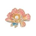 Exquisite peony flower brooch with pink enamel petals, white pearl center and blue leaf - Pink Peony
