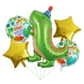 Set di 5 palloncini dinosauro con un dino verde e stelle dorate per feste - Set Dinosauro Stella Oro