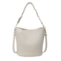 Sac seau beige chic en cuir à motif litchi avec poignée tissée et bandoulière - Blanc Cassé