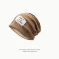 Caramel brown knitted slouchy beanie with vintage white label and breathable lining - Letter Patch Style / Camel