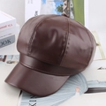 Classic dark brown PU leather newsboy cap with vintage octagonal top and glossy finish - PU Leather Newsboy Cap / Brown