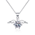Silver pendant necklace featuring a round zircon center stone and angel wings design - Angel Wings Necklace Xl-90