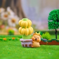 Close-up of cute resin capybara with bananas in a purple pot titled Not Anxious - A187 Not Anxious