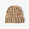 Khaki cable knit beanie for winter with wide cuff and textured jacquard pattern - Khaki (25B506)