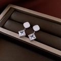 Detailed close-up of crystal bow pearl drop earrings in a premium brown jewelry box - 31# Silver Earring Post - Silver - Square