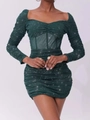 Mini abito verde scuro con paillettes, maniche lunghe e scollo quadrato da festa - XS / Verde Scuro
