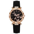 Orologio da donna oro rosa con lunetta in strass e motivi a farfalla su cinturino in pelle - Nero