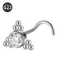 L-shaped G23 titanium nose stud with round clear zircon and tiny metal beads - Large Stone Surrounded By Three Beads (Style 9 5-Shaped) / 0.8x7mm