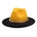 Detail of wool fedora hat with yellow crown, black brim, and decorative gold chain - M (56-58cm) / Yellow + Black