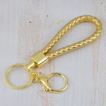Braided leather car keychain in golden finish with polished metal ring and clasp - Generation 1 Round Dragon Woven Buckle (Light Gold) / Gold