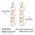 Detailed view of layered stainless steel drop earrings with pearls and dimensions - Gold Metal Ring and Pearl Ring Alternate Connection Long Earrings (YYE025285)