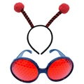 Detail of ladybug party set with red pom-pom headband and honeycomb lens glasses - Black Red Spiral Antenna Set