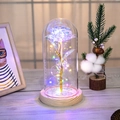 Illuminated gold foil rose in glass dome with wood base and colorful LED lights - Wood Base Colorful Light + Three Leaves