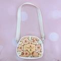 Close-up of beige capybara crossbody bag with adjustable strap on pink floral backdrop - Style F (Yellow Semicircle)