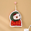 Cute red cartoon bear coral fleece hand towel with green trim and hanging loop - Village Flower