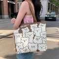 Large canvas tote bag featuring brown cartoon bear print and dark brown strap handles - Cute Bear - Khaki
