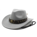 Detail of grey wool western cowboy hat with studded leather band and adjustable wind rope - M(56-58cm) / Gray