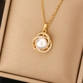 Titanium steel gold necklace with a circular pearl pendant and zircon accents in a box - Gold Circular Intertwined Pearl Zirconia Necklace