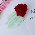 Gothic hair clip with red rose and green skeleton hand for Halloween costume style - Rose Hairpin - Green Skeleton Hand