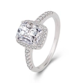 Classic silver ring with square-cut clear zircon and paved diamonds on white background - US 6 / White