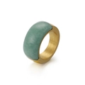 Gold titanium ring with brushed finish featuring a large oval translucent green gemstone - US 7