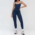 Navy blue sleeveless yoga bodysuit with white contrast piping and square neckline - S / Navy Blue
