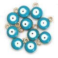 Macro shot of 10 sky blue evil eye charms with gold edges and enamel finish - 10Pcs / Sky Blue