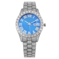Fashion iced-out women's quartz watch with blue dial and date display in silver finish - Blue Dial Silver Strap