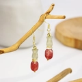 Detailed close-up of beaded earrings with water-drop tassels hanging on a branch - Gold Hook Light Green Red Bead(E5743-2)