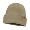 Unisex ribbed knit beanie in khaki color featuring a mountain logo leather patch - Light Green