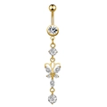 Detailed shot of golden butterfly belly button ring with zircon crystal stones - 1966 Butterfly Gold