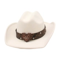 White felt cowboy hat featuring heart buckle leather band and sparkling rhinestone detail - White [Large Heart]