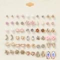 30-pair set of gold and silver stud earrings featuring pearls, hearts, and floral designs - Dreamy Gold Animal Series (FX806)