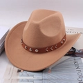Classic camel western cowboy hat with studded brown leather band on vintage magazines - Wave Pattern Strap / Camel