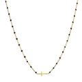 Bohemian gold stainless steel necklace with black beads and sideways cross pendant - Black