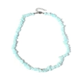 Close-up of irregular light blue natural crystal stone chips on a silver-tone necklace - Aqua Blue Stone Necklace