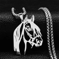 Polished silver horse head pendant necklace on box chain with a black leather background - Silver