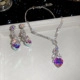 Parure de bijoux argentée avec pendentifs en cristal en forme de cœur rose et violet - AB Multicolore (Parure Collier & Boucles d'Oreilles)
