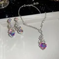 Elegant silver jewelry set featuring heart shaped purple and pink crystal pendants - AB Multicolor (Necklace & Earrings Set)