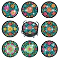 Set of 8 mandala diamond painting coasters with a black metal holder and circular designs - Mandala Geometric Style