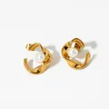 Golden C-shaped twisted earrings with elegant white pearl in a minimalist wavy design - Gold Earrings (D2908)