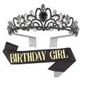 Birthday set with black rhinestone crown and gold Birthday Girl sash on dark ribbon - One Size / Black Rhinestone Crown + Black Girl Sash