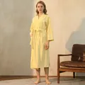 Women's yellow waffle knit bathrobe with belted waist and soft lightweight texture - Women-Bright Yellow